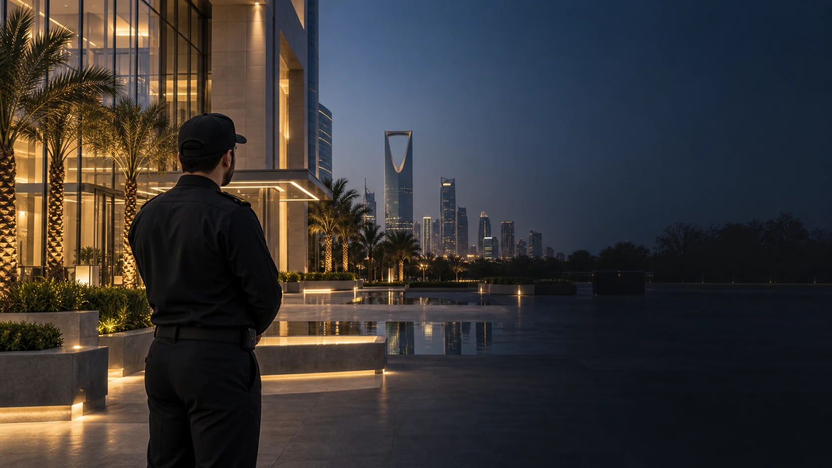 مشهد تعبيري لمنشأة حديثة وأفق الرياض مع أحد أفراد الأمن